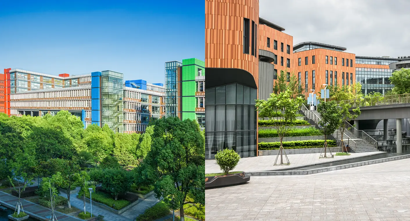 Two side by side photos of exterior of academic buildings