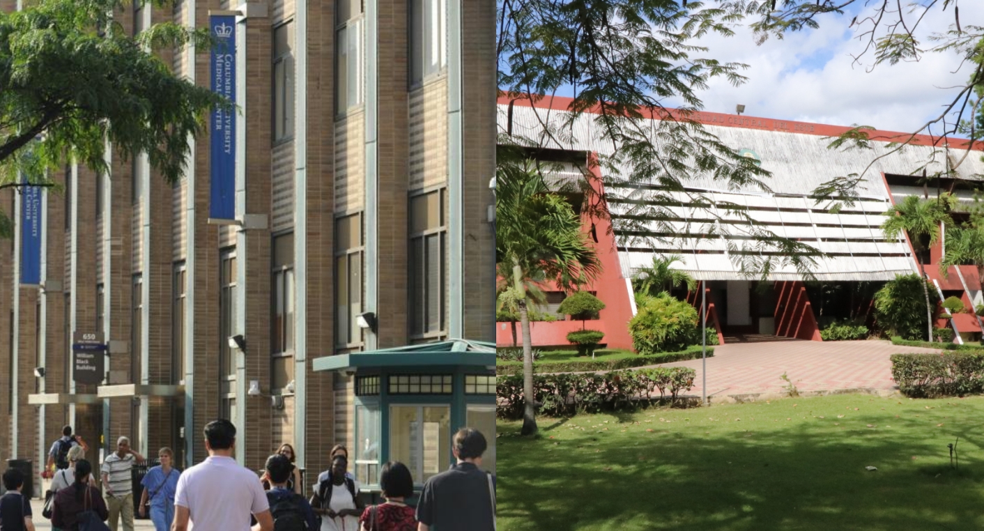 Two side by side photos of exterior of academic buildings